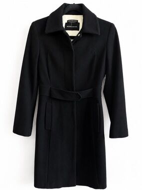 Moda International Black 100% Wool Long Belted Coat Snap Front Lined Pockets 2P